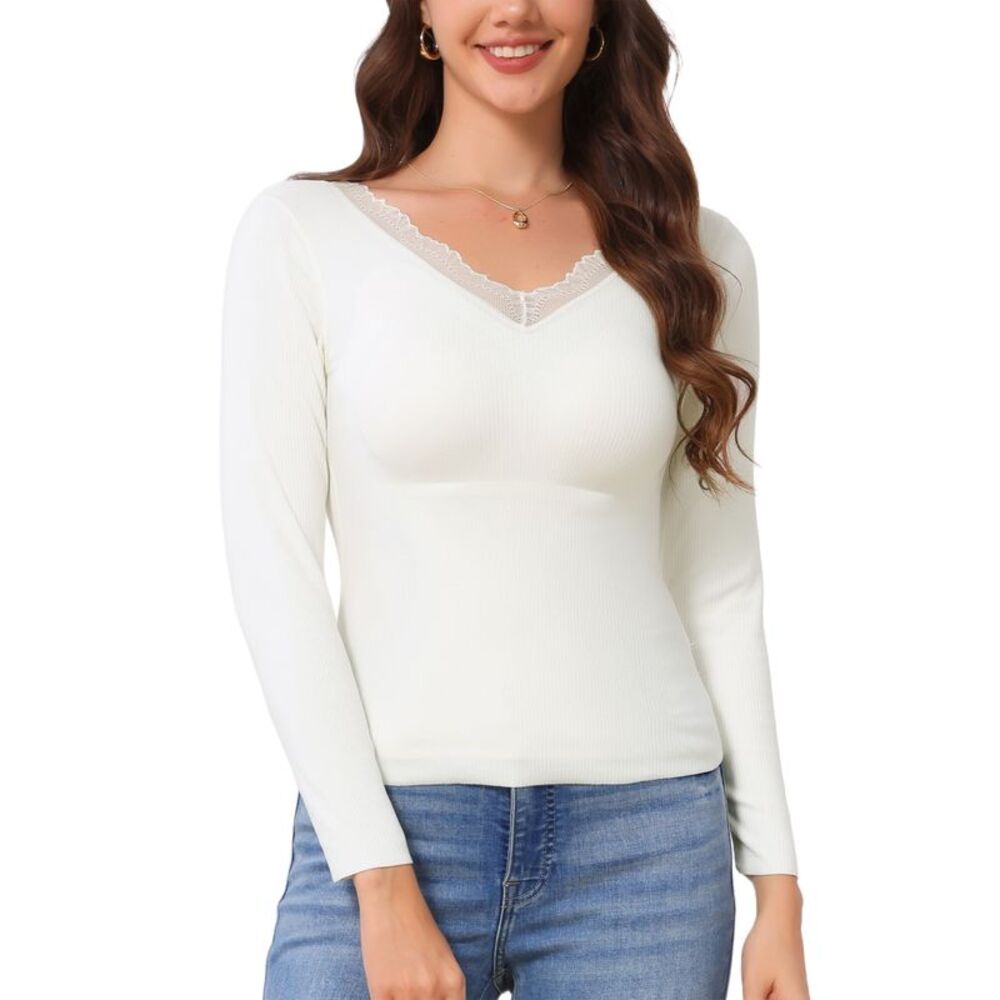 Women's UnderShirt Thermal Built-in Bra Ribbed Long Sleeve Tops White